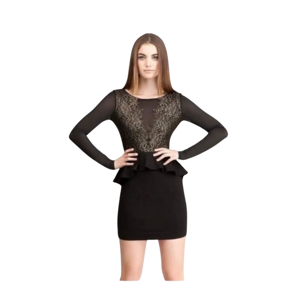 New Bebe Mesh Cut Out Black Dress With Gold Detailing